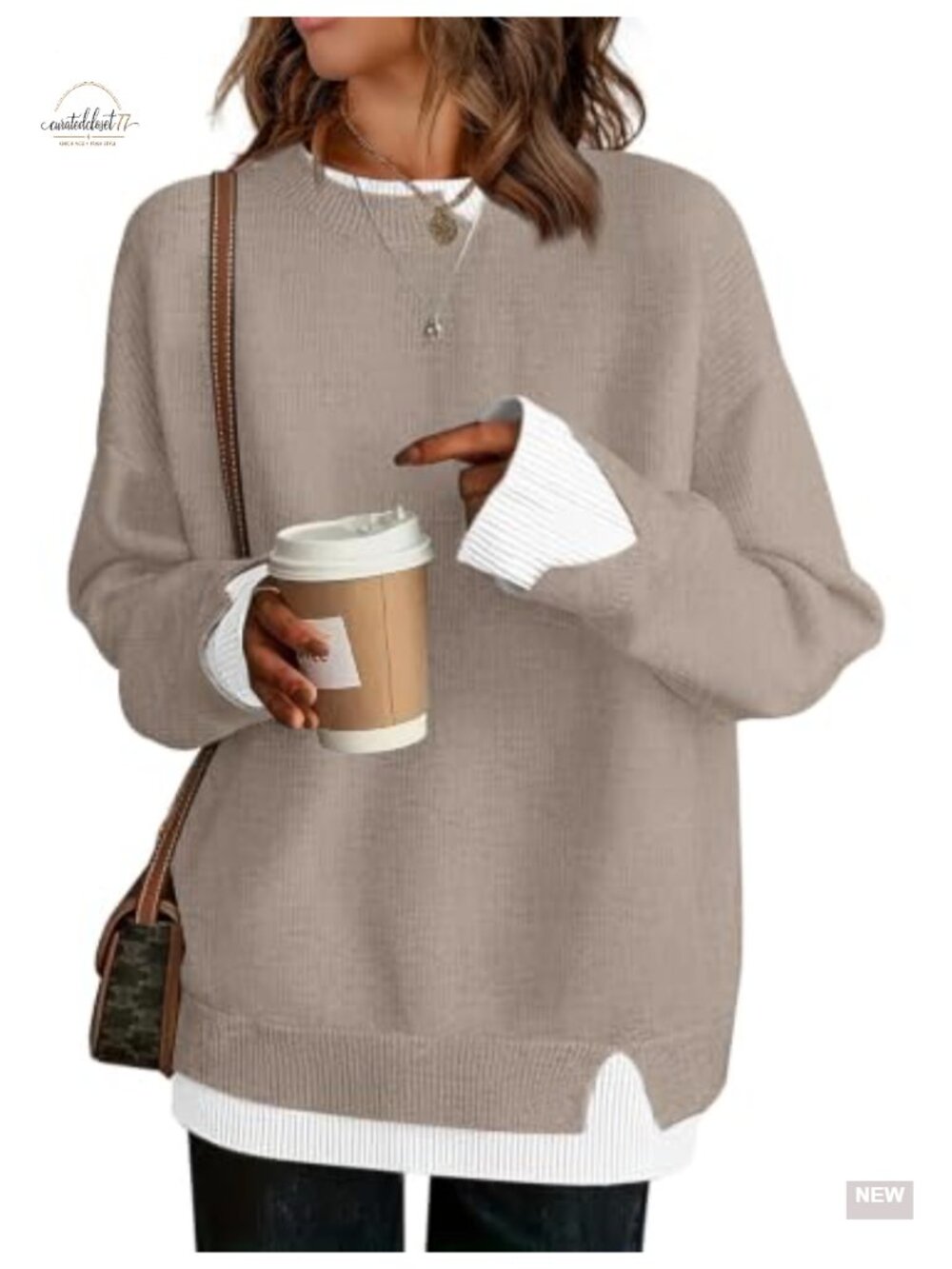 Oversized Knit Pullover Sweater Crew Neck Patchwork Loose Fit